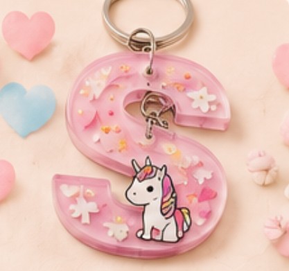Llavero letra S rosa con unicornio